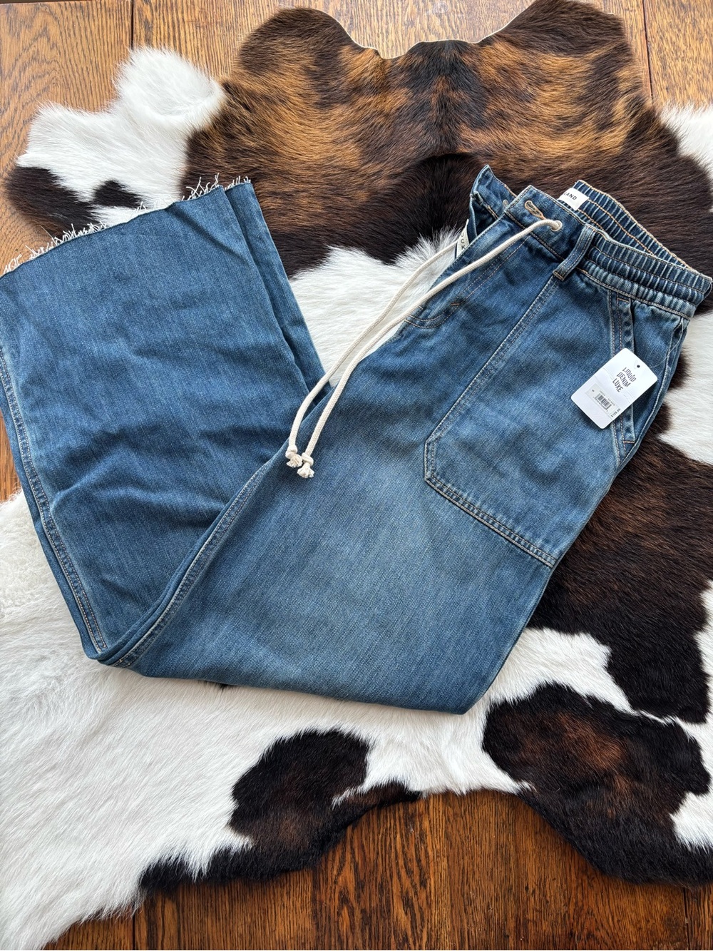 Lucky Brand Women's Blue Denim Wide-Leg Drawstring Jeans
